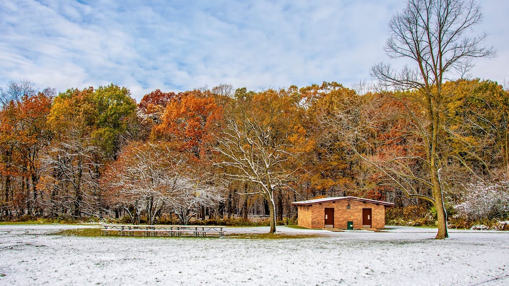 Ned Brown Preserve (Busse Woods) view with snow and autumn colors in Arlington Heights Town of Illinois