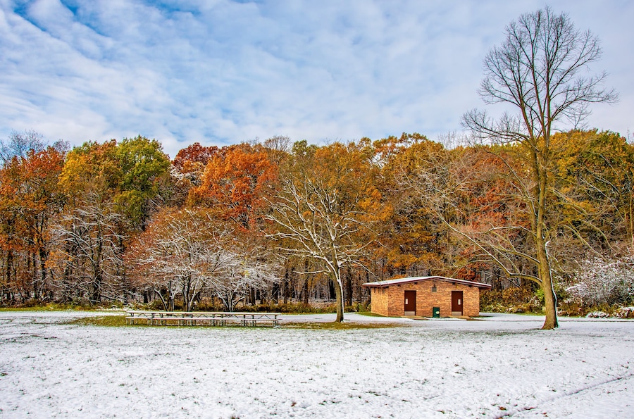 Ned Brown Preserve (Busse Woods) view with snow and autumn colors in Arlington Heights Town of Illinois