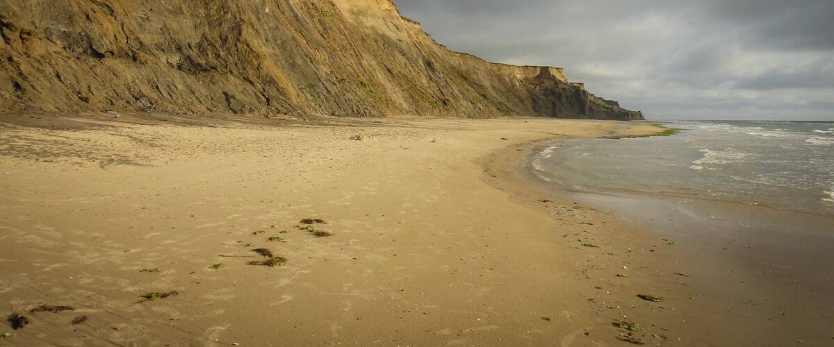 A sandy beach with a steep cliff and the ocean.