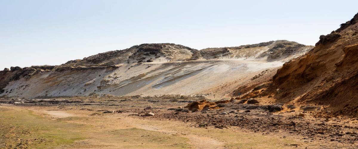 A barren landscape with a dirt path leading towards a steep cliff.