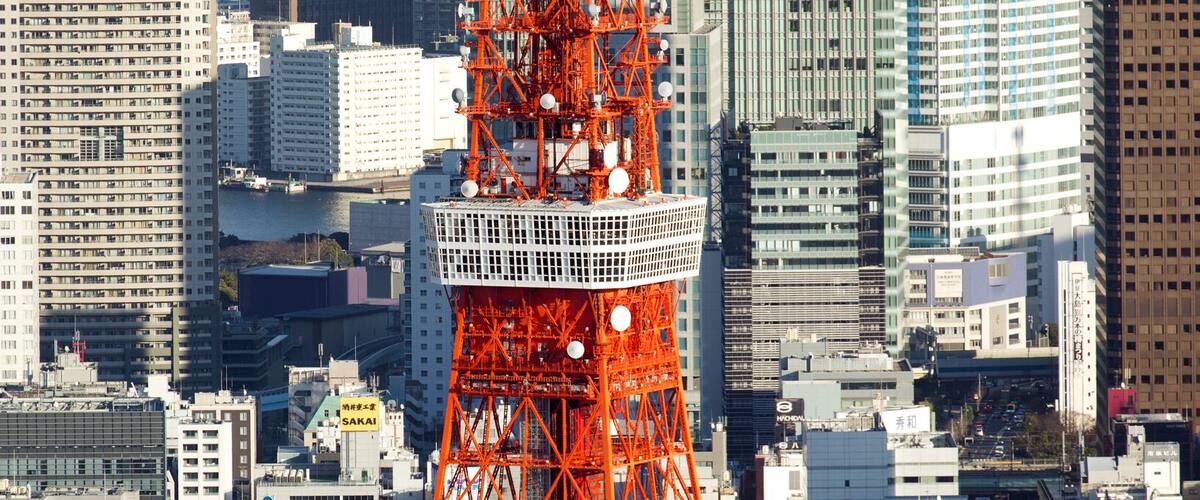 Tokyo Tower during daytime. Vertical panoramic image of 5 frames.