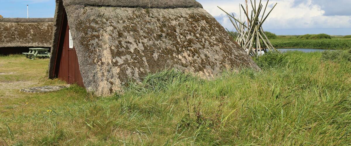 A thatched-roof structure in a grassy field with a body of water and a wind turbine in the background.
