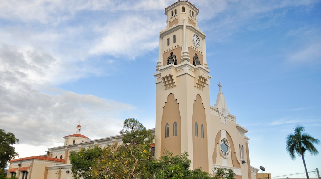 A church with a clock tower, surrounded by trees and a clear sky.