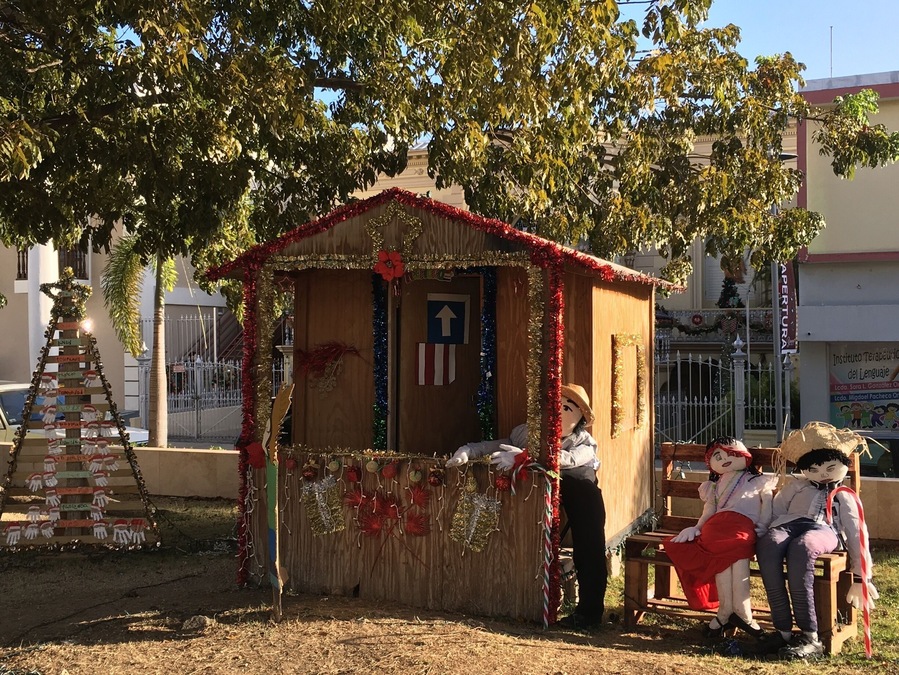 Central plaza decorated for Christmas.