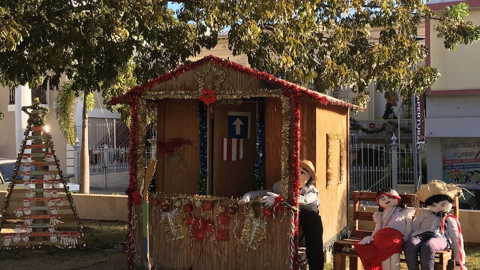 Central plaza decorated for Christmas.
