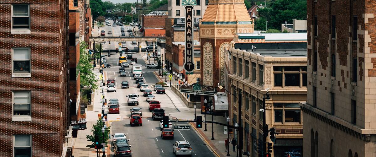Galena Boulevard and the Paramount Theater in Aurora, Illinois