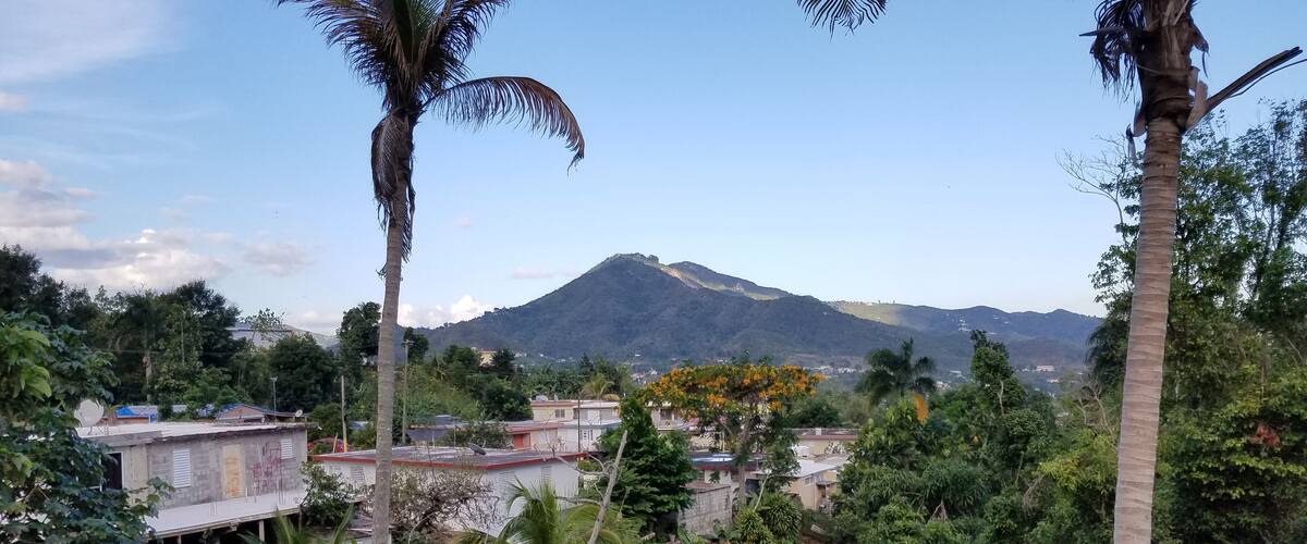A mountainous landscape with a clear sky, surrounded by lush greenery and residential buildings.