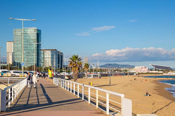 Mar Bella Beach showing a coastal town and a beach