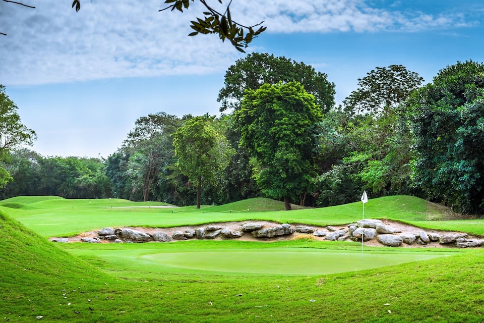 Een golfbaan met glooiende groene heuvels, een vijver en dichte bomen op de achtergrond.