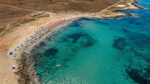 An aerial view of a beach with clear turquoise waters, a long stretch of umbrellas, and a rocky coastline.