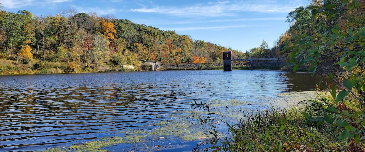 A calm river with a bridge, surrounded by autumn-colored trees.