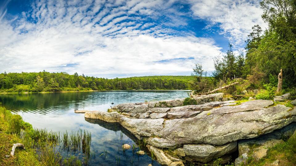 A calm lake with a rocky shoreline, surrounded by dense green forest and a partly cloudy sky.