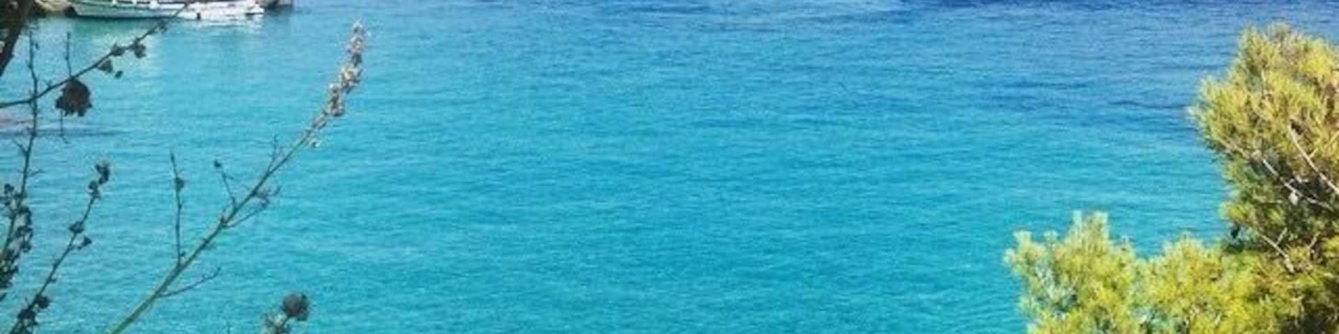 A coastal view with clear turquoise waters, rocky outcrops, and green vegetation.