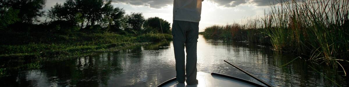 A person fishing on a boat in a calm river with trees and reeds on the banks.