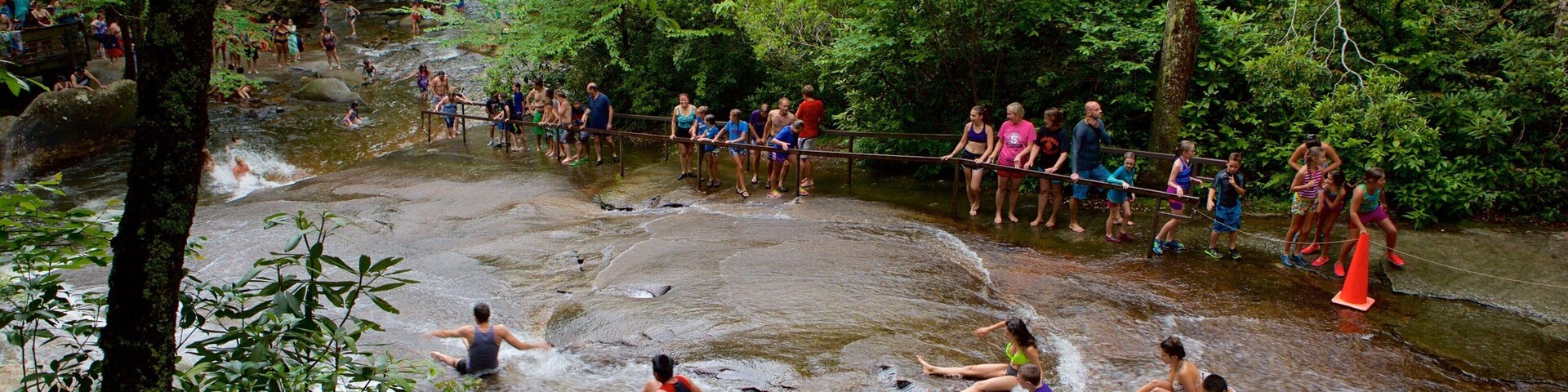 A group of people enjoying a river in a forested area.