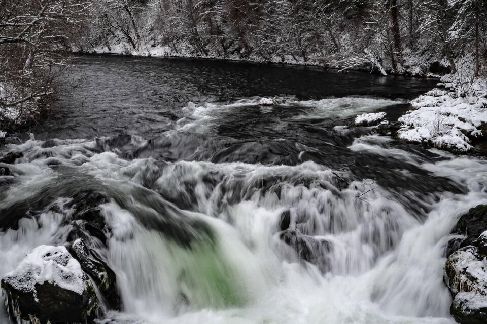 En hurtigt strømmende flod med snedækkede sten og træer i et skovområde.