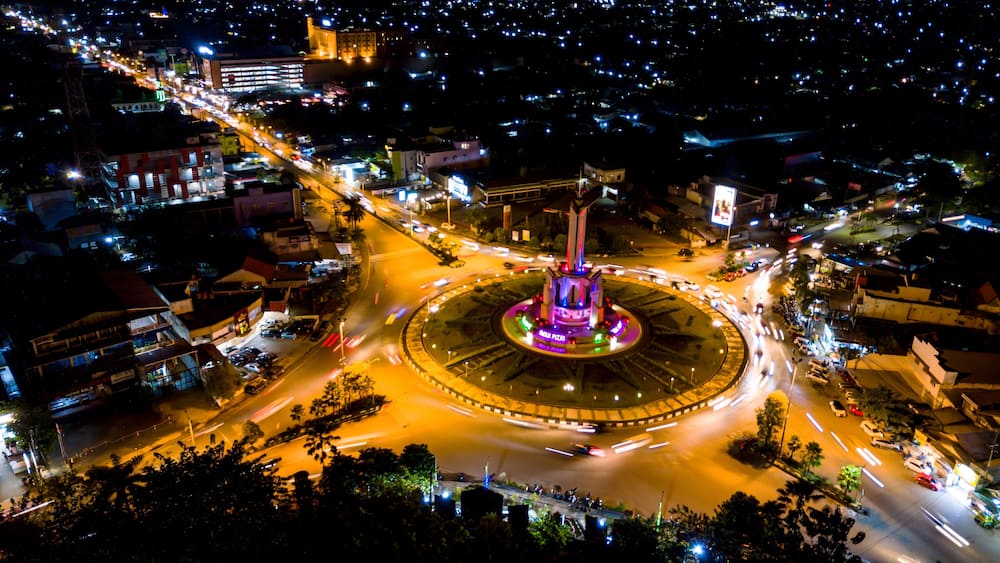 Aerial Night View of Simpang Empat Monument in Banjarbaru South Kalimantan