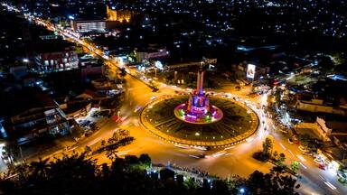 Aerial Night View of Simpang Empat Monument in Banjarbaru South Kalimantan