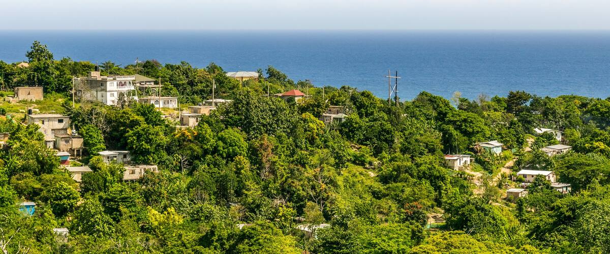 A coastal village with houses nestled among lush greenery, overlooking the sea.
