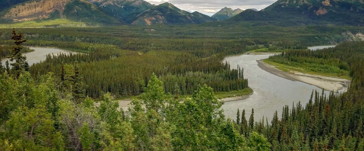 Just before you get to Denali National Park aboard the Alaska Railroad, you pass the Nenana River against the backdrop of some stunning mountains.