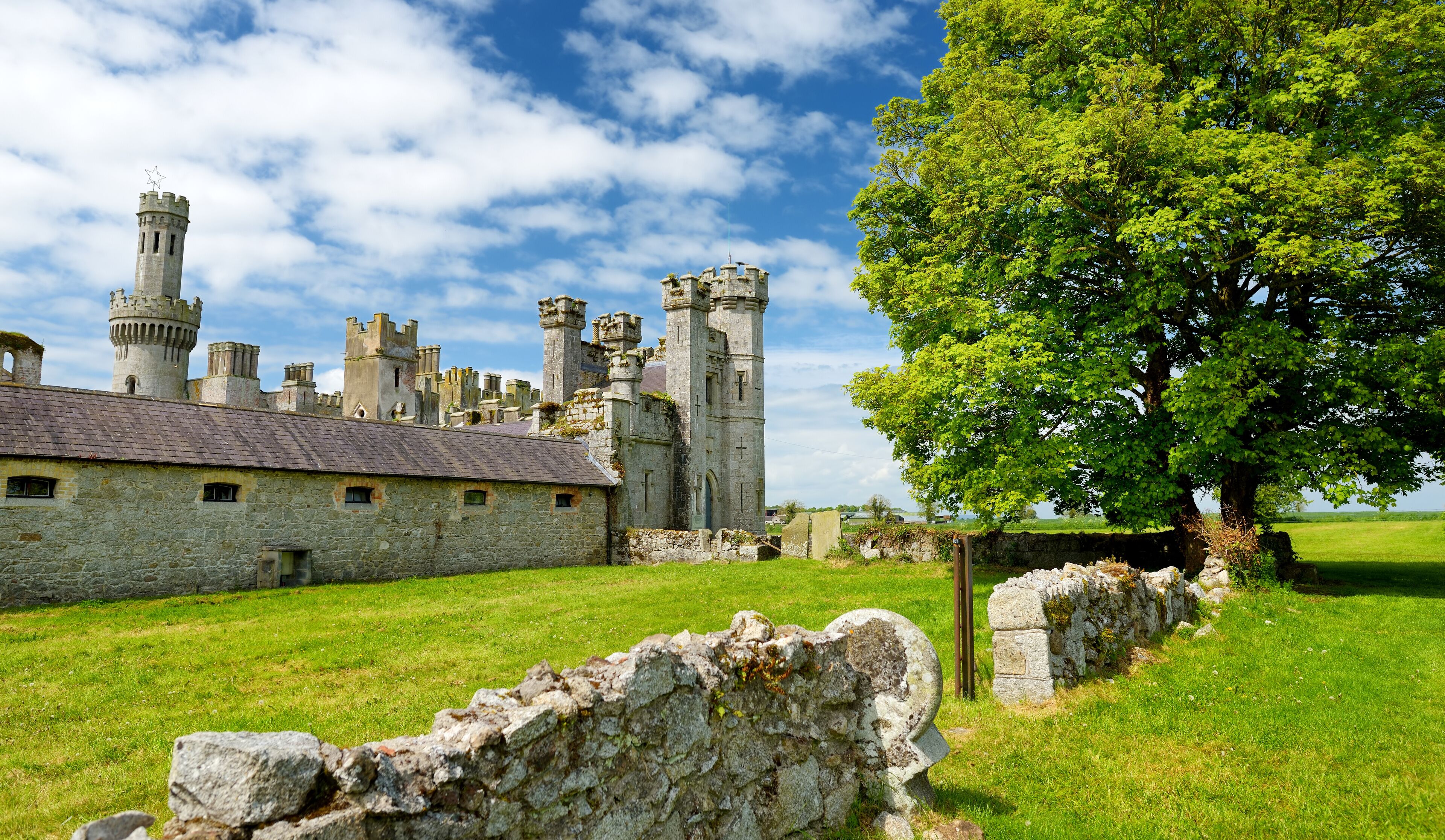The towers and turrets of Ducketts Grove, a ruined 19th-century great house in County Carlow, Ireland.