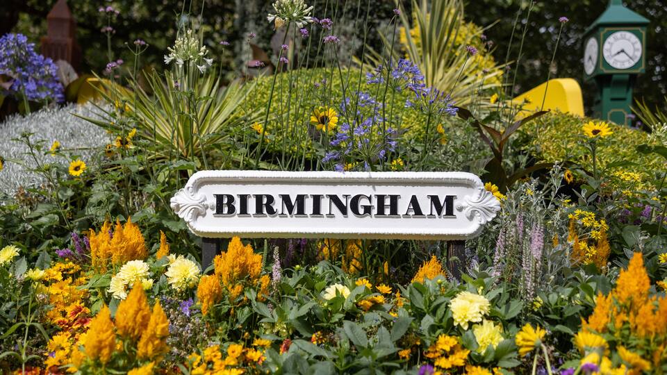 A sign reading "BIRMINGHAM" amidst a garden of various flowers.