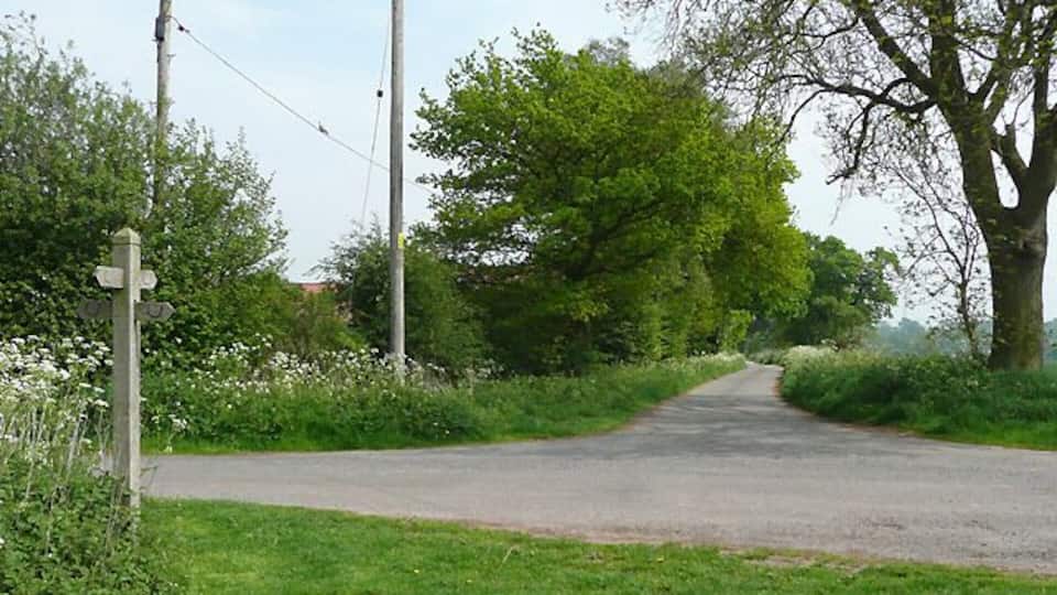 Bridleway Cross, Kingswood, Staffordshire Ahead, the bridleway leads to Simmonds Wood and The Bradshaws. It is only surfaced for about another 200 metres.