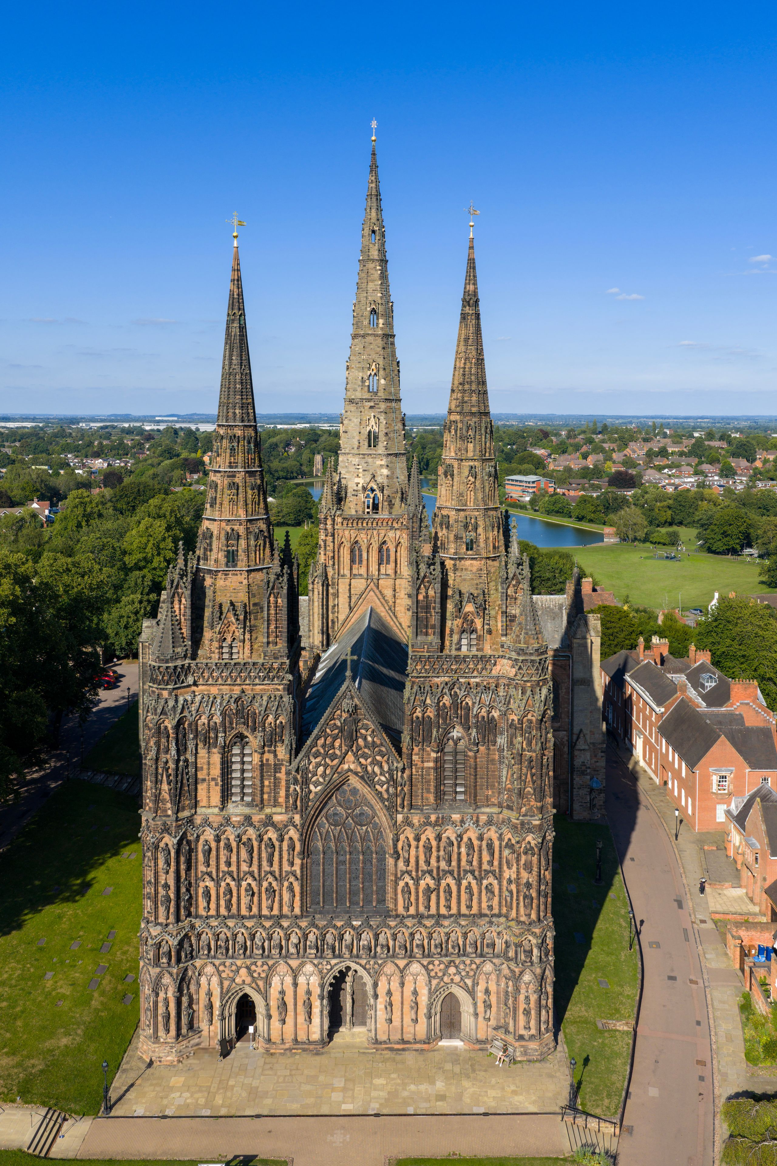 An Aerial Closeup of The Three Spires of Lichfield Cathedral in England