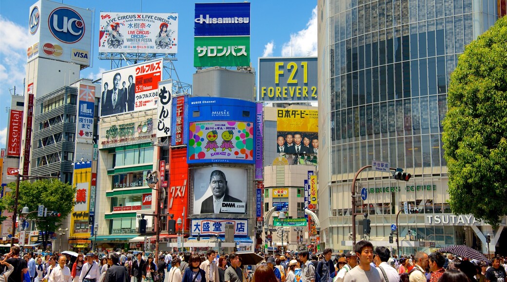 Shibuya-krydset og byder på en by, udsigt over byen og skiltning