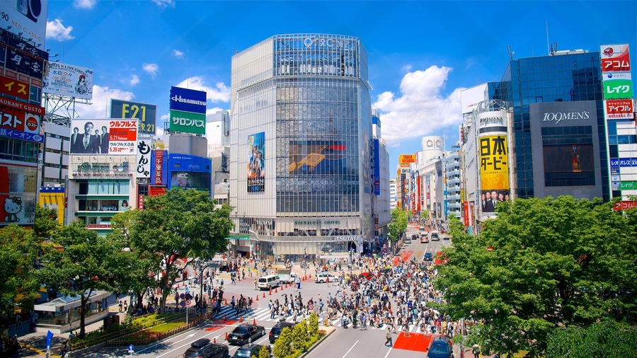 Shibuya Crossing featuring a city, a square or plaza and modern architecture