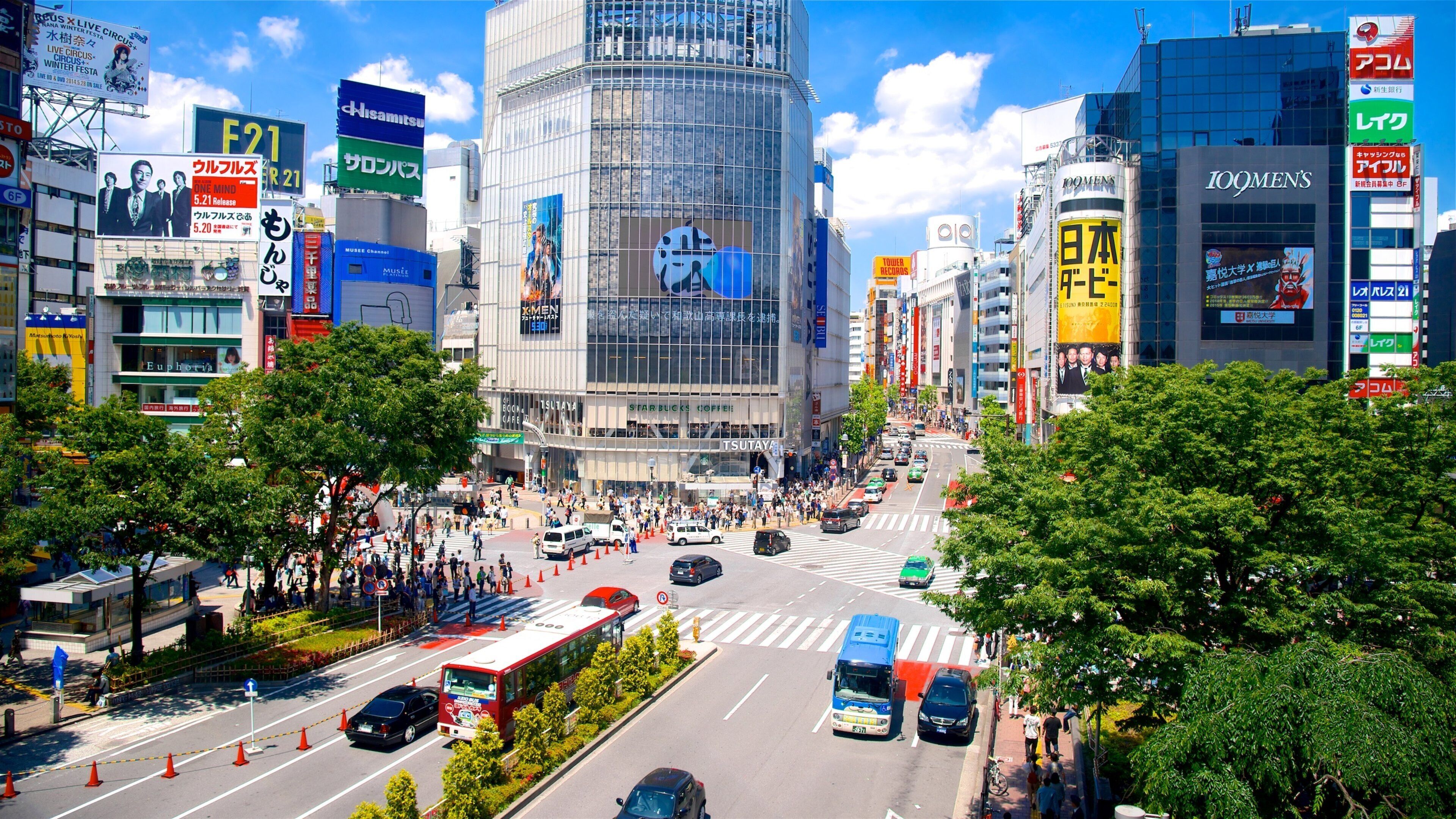 Shibuya Crossing featuring street scenes, signage and a city