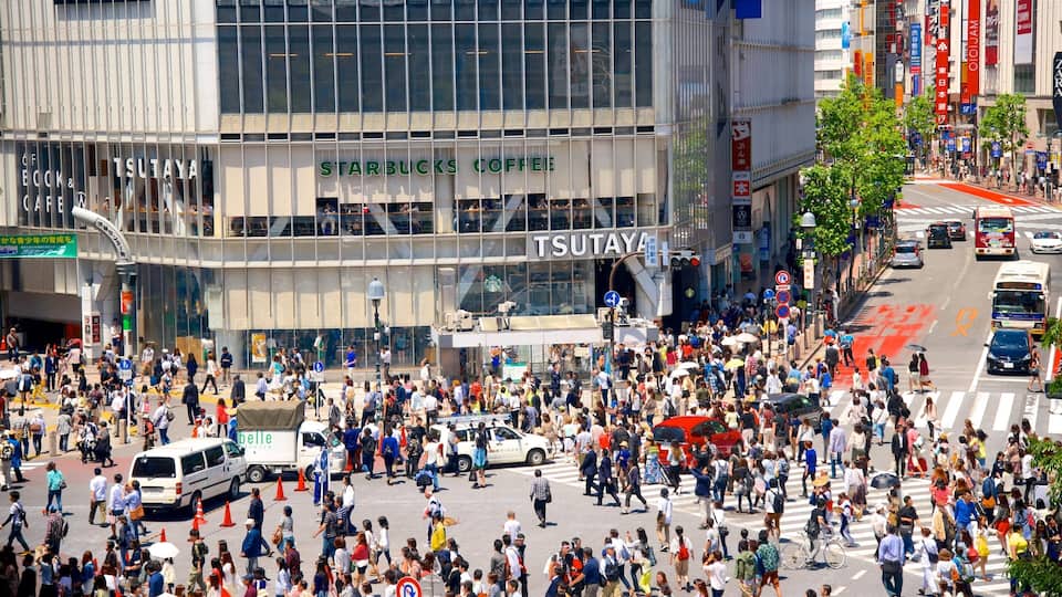 Shibuya Crossing featuring signage, a city and street scenes