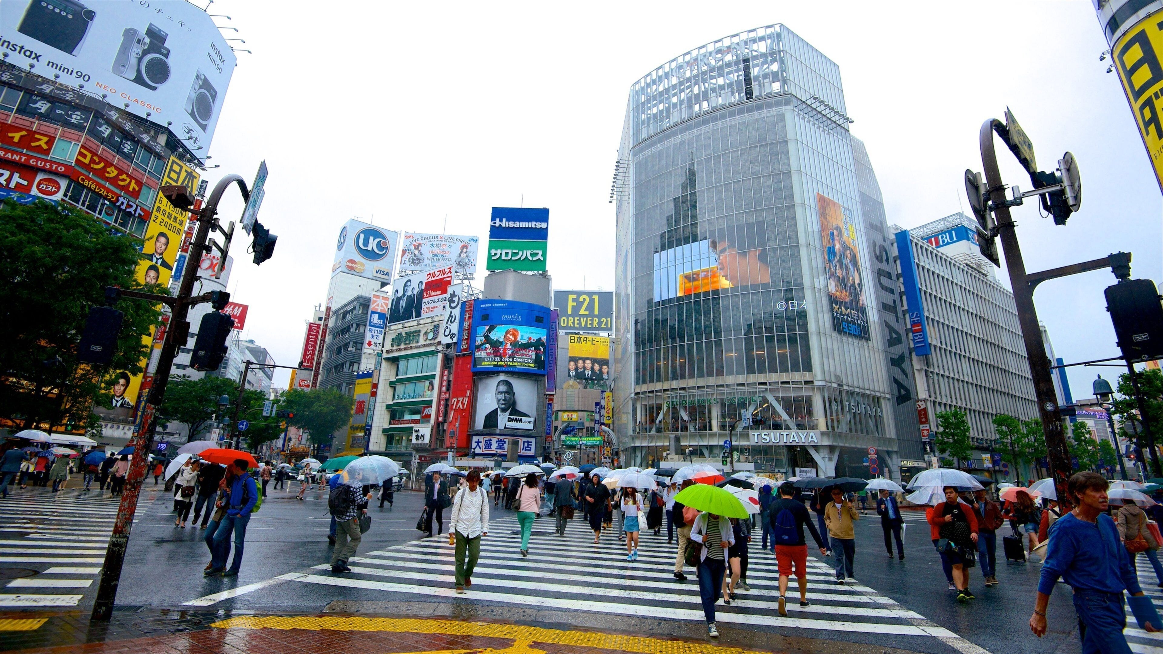 Croisement de Shibuya montrant signalisation, architecture moderne et ville