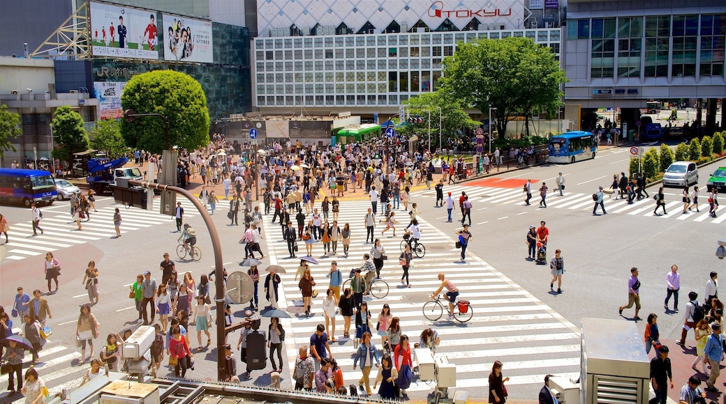 Shibuya Crossing showing a city, street scenes and a square or plaza