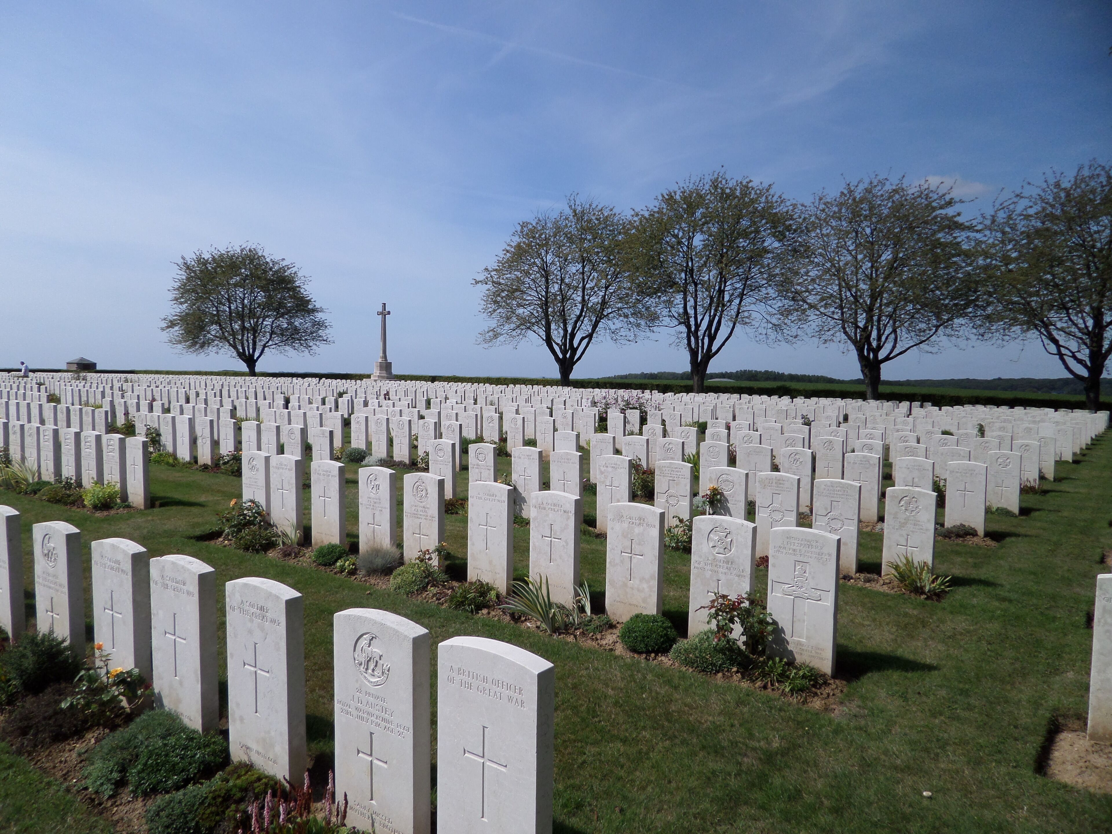 A cemetery with numerous headstones, a central cross monument, and trees in the background.