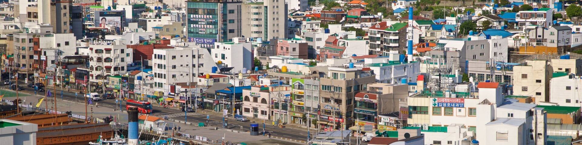 Tongyeong which includes a city and landscape views