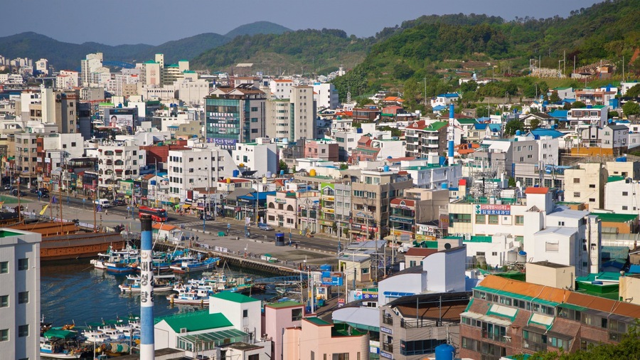 Tongyeong which includes a city and landscape views