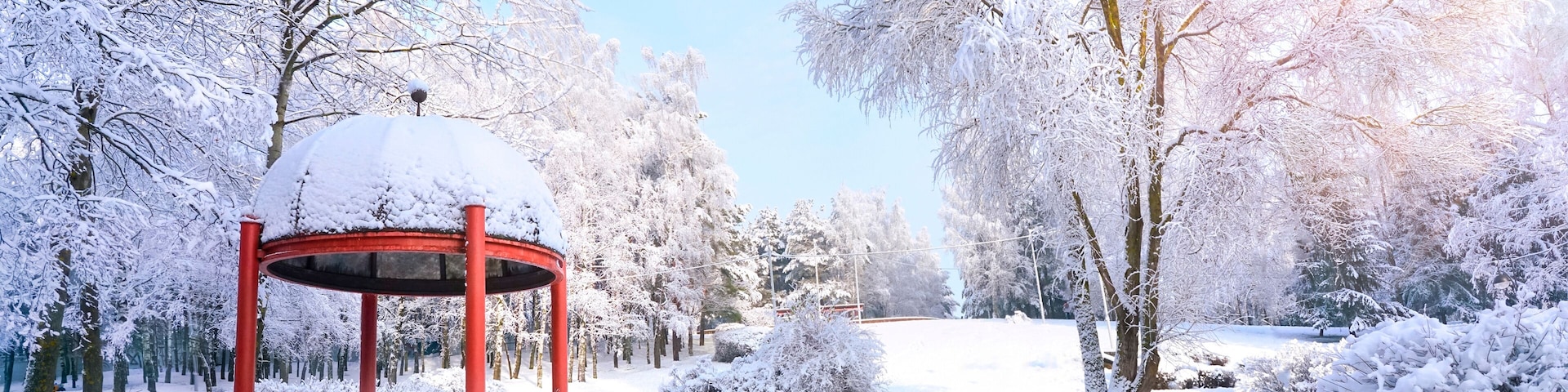 Beautiful pergola in a winter park in sunny weather against a blue sky in the morning at dawn. Trees in the snow in nature, a magical classic snowy winter.