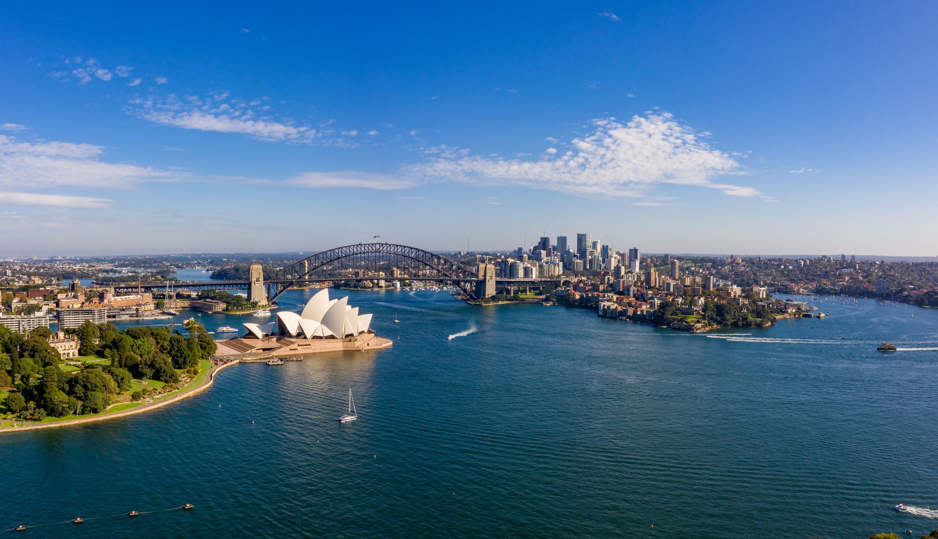 The Sydney Opera House, Sydney Harbour Bridge, and the Sydney skyline.