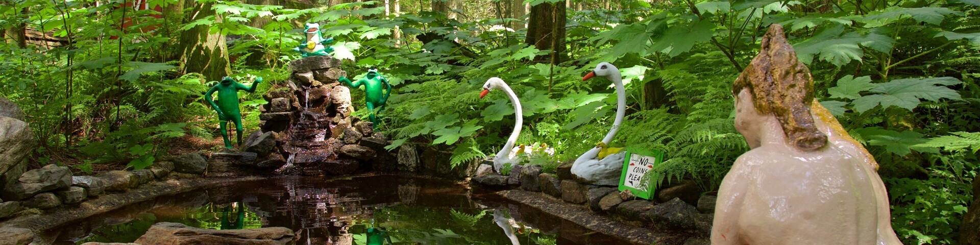 Enchanted Forest featuring forest scenes, a pond and a statue or sculpture