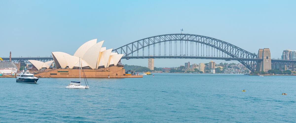Sydney bridge and opera viewed from royal botanical garden, Australia