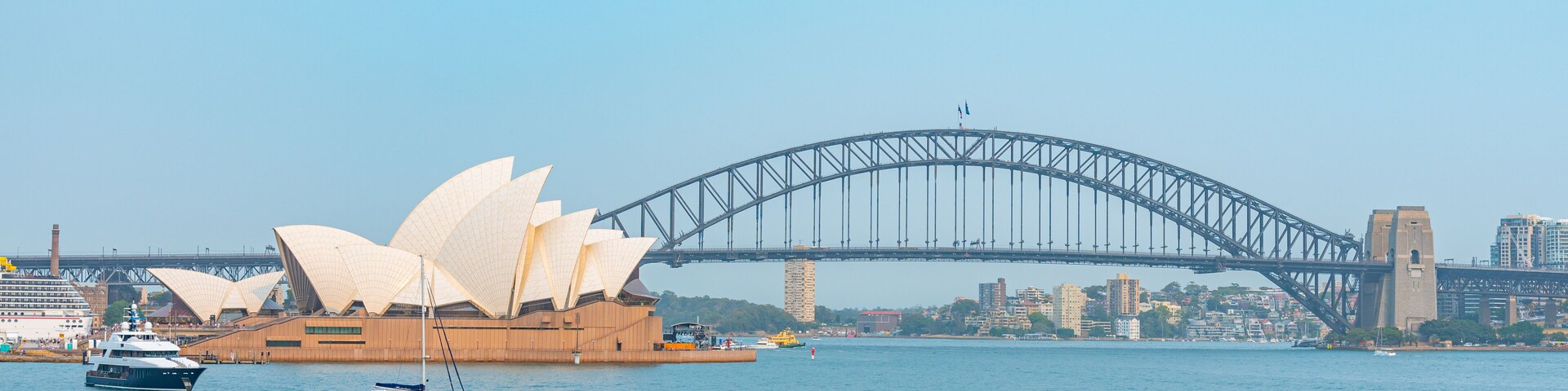 Sydney bridge and opera viewed from royal botanical garden, Australia