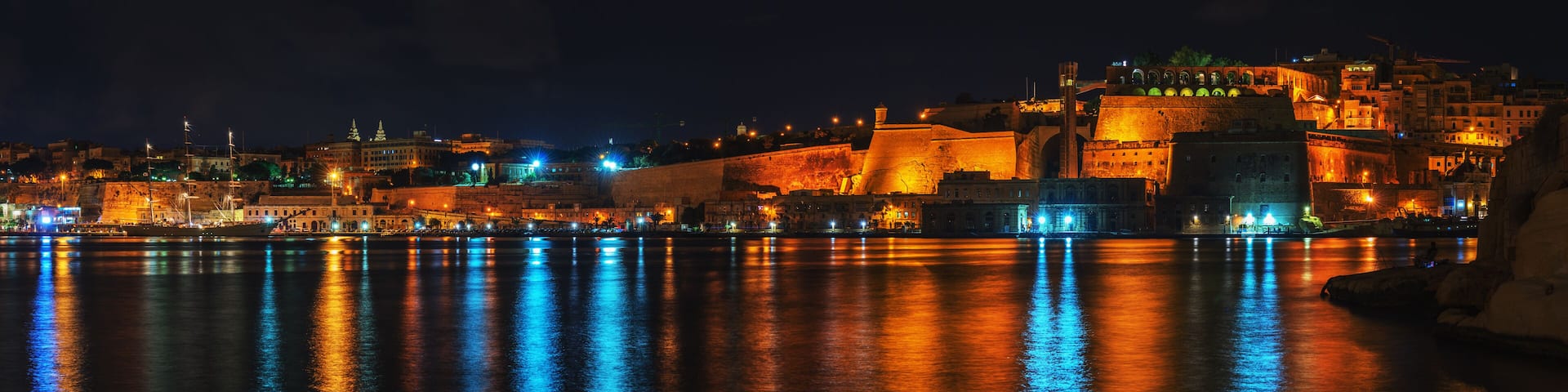 View from Birgu to Valletta and Floriana at night (Malta)