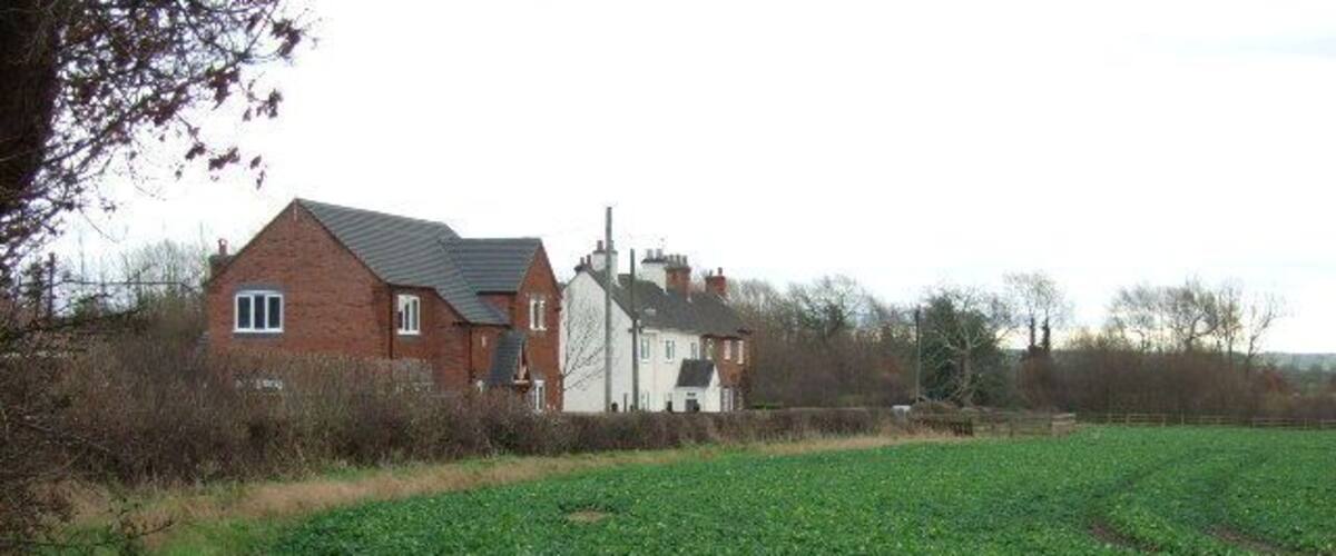 A rural landscape with a field of crops and a house in the background.