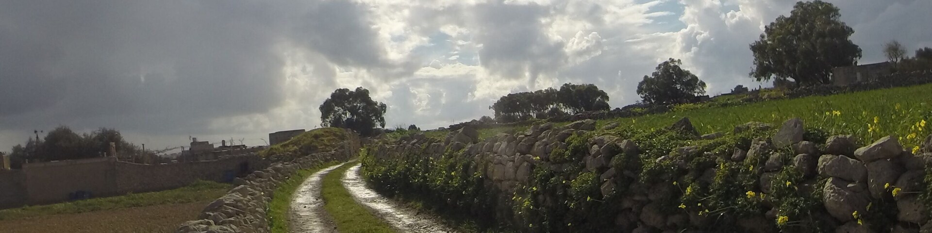 A rural dirt road winding through fields, flanked by stone walls and trees under a cloudy sky.