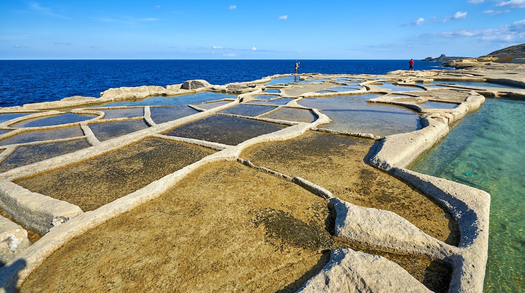 Paesaggio costiero con piscine a terrazze di acqua limpida, una persona in piedi a destra e l'oceano sullo sfondo.