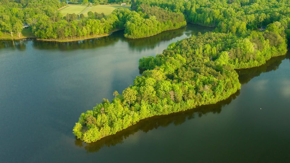 An aerial view of a river with several islands covered in dense green trees.