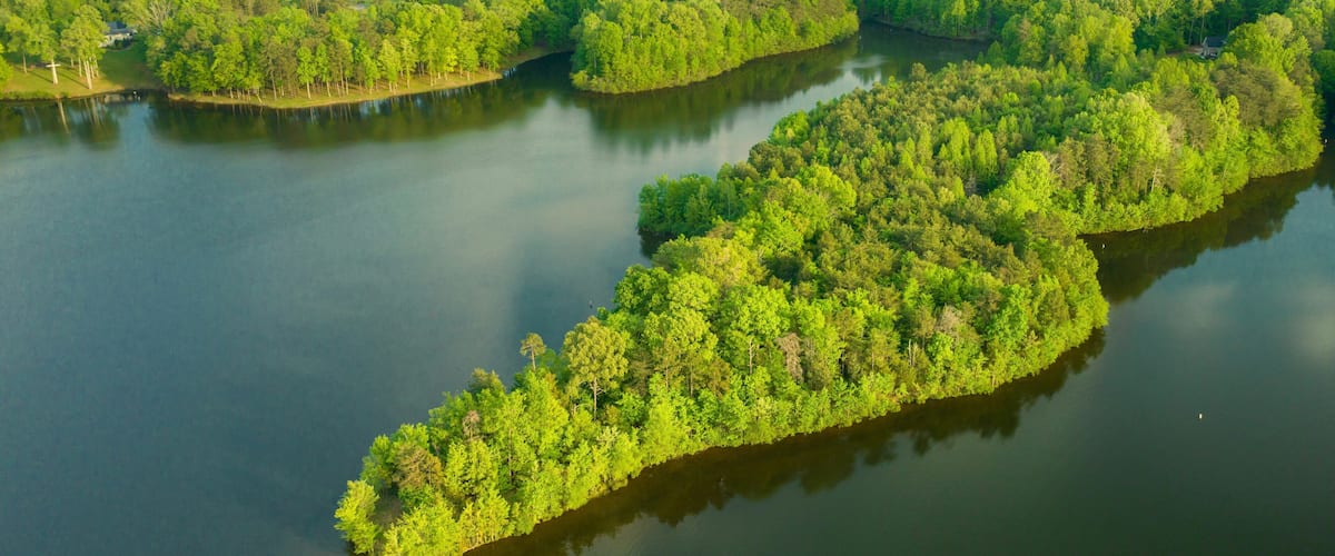 Aerial view of Lake Mackintosh surrounded by lush greenery. Burlington, North Carolina.