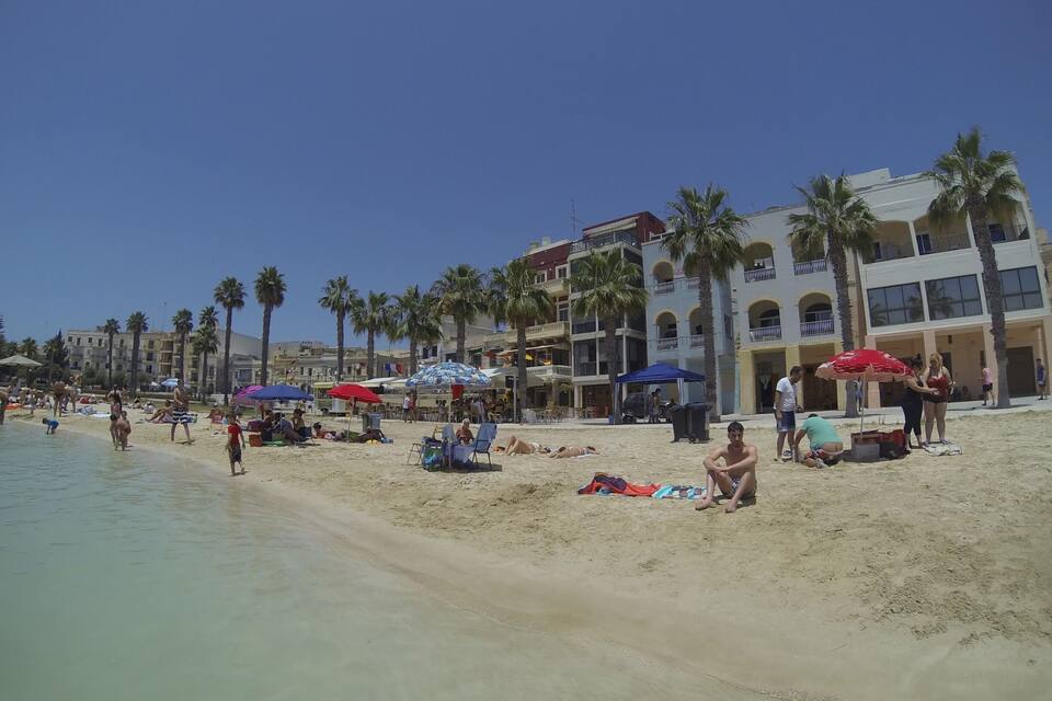 A sunny beach with palm trees, beach umbrellas, and people relaxing.