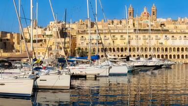 Sailing boats on Senglea marina in Grand Bay, Valetta, Malta